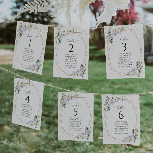 Purple Flowers, White Flowers, Seating Chart Cards