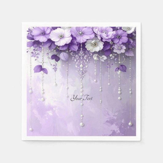 Purple Flowers with Dangling Pearls スタンダードカクテルナプキン (正面)