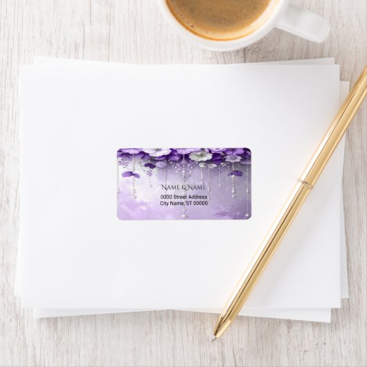 Purple Flowers with Dangling Pearls Address Label ラベル (インサイチュ)