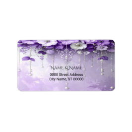 Purple Flowers with Dangling Pearls Address Label ラベル