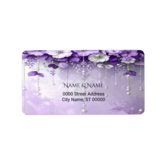 Purple Flowers with Dangling Pearls Address Label ラベル