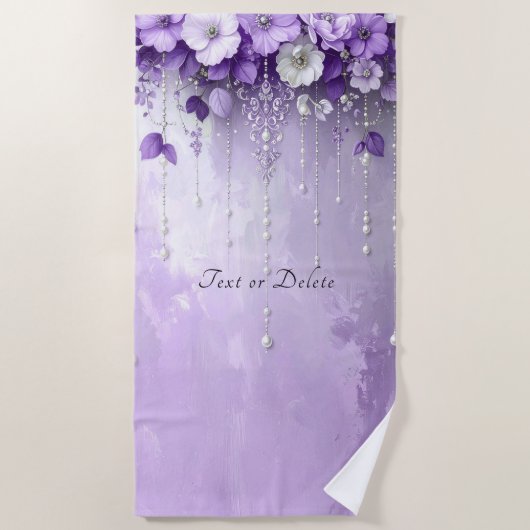 Purple Flowers with Dangling Pearls Beach Towel ビーチタオル (正面)