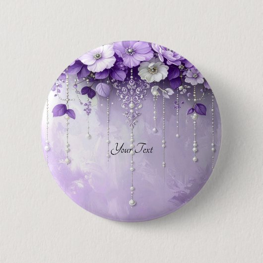 Purple Flowers with Dangling Pearls Button 缶バッジ (正面)