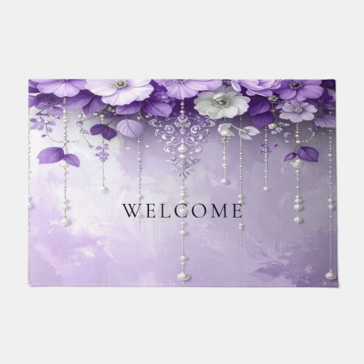 Purple Flowers with Dangling Pearls Doormat ドアマット (正面)