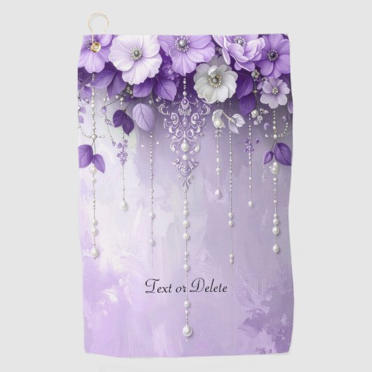 Purple Flowers with Dangling Pearls Golf Towel ゴルフタオル (正面)