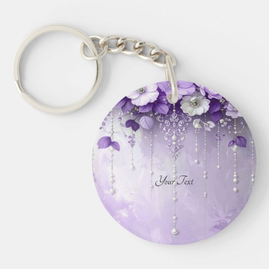 Purple Flowers with Dangling Pearls Keychain キーホルダー (正面)
