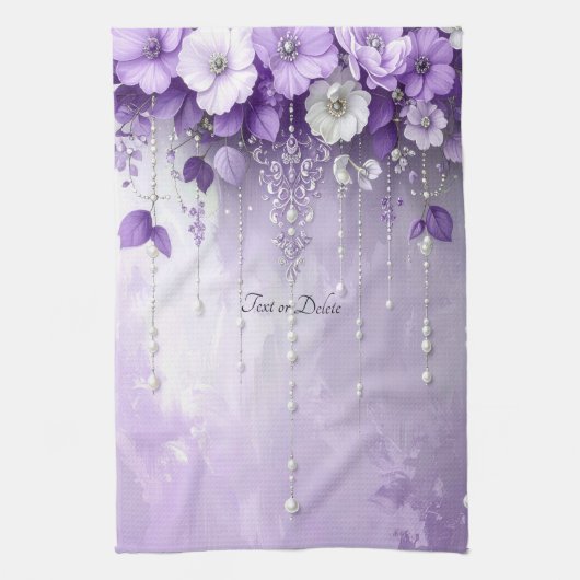 Purple Flowers with Dangling Pearls Kitchen Towel キッチンタオル (縦)