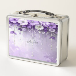 Purple Flowers with Dangling Pearls Lunch box メタルランチボックス