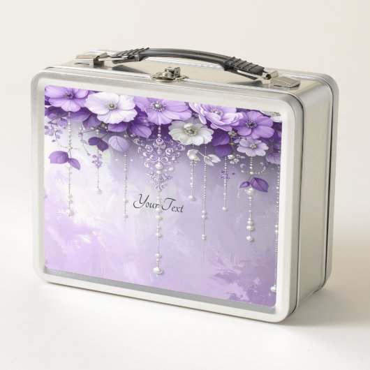 Purple Flowers with Dangling Pearls Lunch box メタルランチボックス (正面)