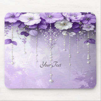 Purple Flowers with Dangling Pearls Mousepad マウスパッド