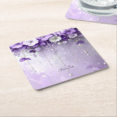 Purple Flowers with Dangling Pearls Paper Coaster スクエアペーパーコースター (アングル)
