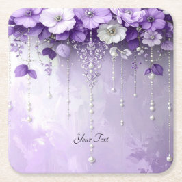 Purple Flowers with Dangling Pearls Paper Coaster スクエアペーパーコースター