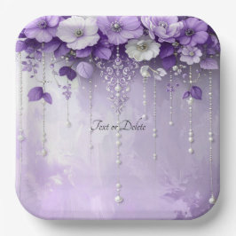 Purple Flowers with Dangling Pearls Paper Plate ペーパープレート