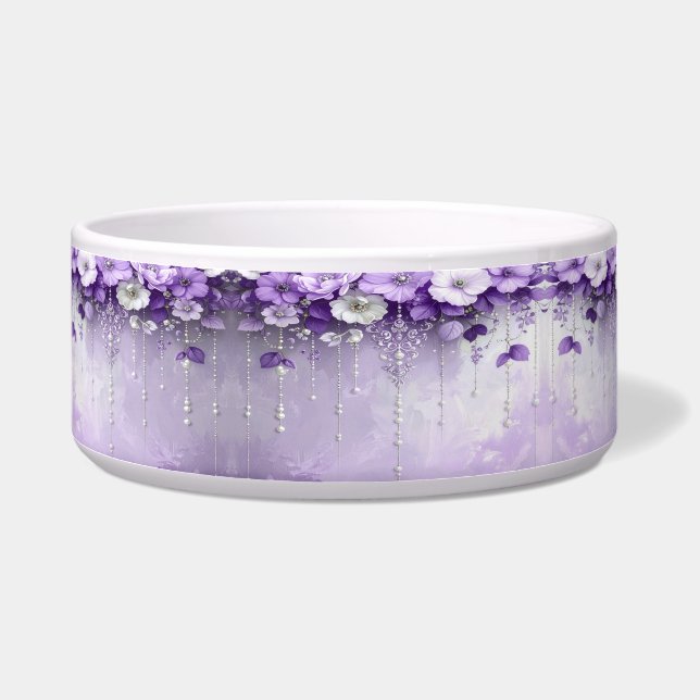 Purple Flowers with Dangling Pearls Pet Bowl ボウル (左)