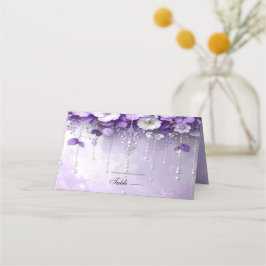Purple Flowers with Dangling Pearls Place Card プレイスカード