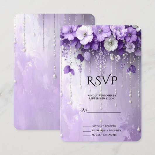 Purple Flowers with Dangling Pearls RSVP Card (正面/裏面)