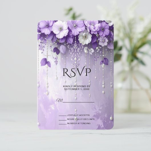 Purple Flowers with Dangling Pearls RSVP Card (スタンド正面)