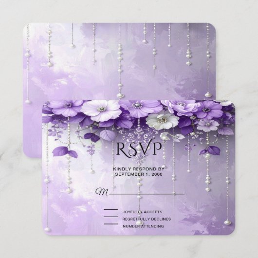 Purple Flowers with Dangling Pearls RSVP Card (正面/裏面)