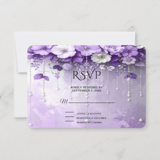Purple Flowers with Dangling Pearls RSVP Card (正面)