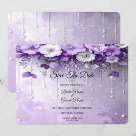 Purple Flowers with Dangling Pearls Save The Date セーブザデート