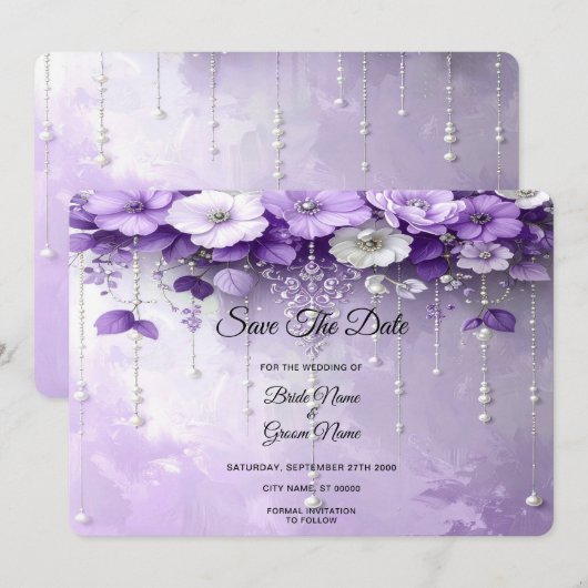 Purple Flowers with Dangling Pearls Save The Date セーブザデート (正面/裏面)