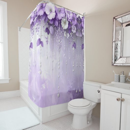 Purple Flowers with Dangling Pearls Shower Curtain シャワーカーテン (インサイチュ)