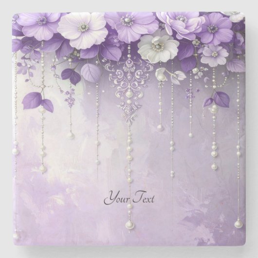 Purple Flowers with Dangling Pearls Stone Coaster ストーンコースター (正面)