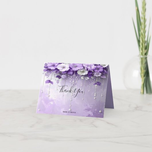 Purple Flowers with Dangling Pearls Thank You Card サンキューカード (正面)