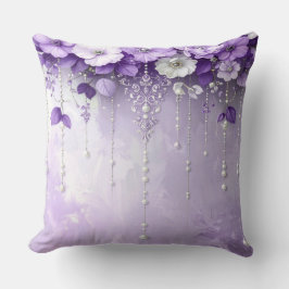 Purple Flowers with Dangling Pearls Throw Pillow クッション
