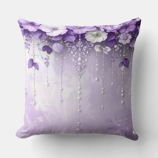 Purple Flowers with Dangling Pearls Throw Pillow クッション (正面)