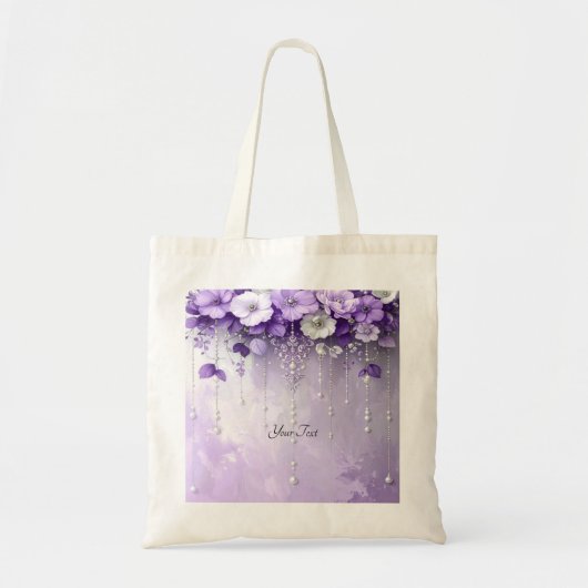 Purple Flowers with Dangling Pearls Tote Bag トートバッグ (正面)