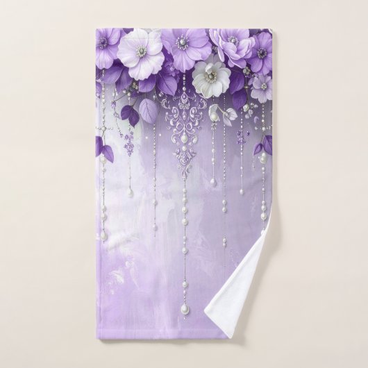 Purple Flowers with Dangling Pearls Towel Set バスタオルセット (ハンドタオル)