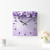Purple Flowers with Dangling Pearls Wall Clock スクエア壁時計 (ホーム)