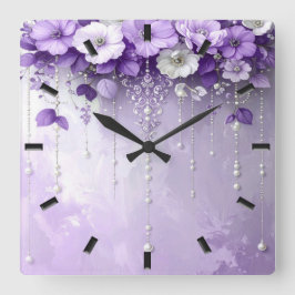 Purple Flowers with Dangling Pearls Wall Clock スクエア壁時計