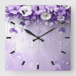Purple Flowers with Dangling Pearls Wall Clock スクエア壁時計