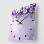 Purple Flowers with Dangling Pearls Wall Clock スクエア壁時計 (傾斜)