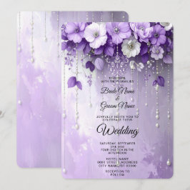 Purple Flowers with Dangling Pearls Wedding 招待状