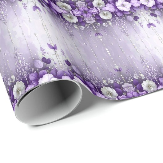 Purple Flowers with Dangling Pearls Wrapping Paper ラッピングペーパー (ロールコーナー)