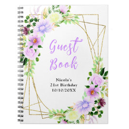 Purple Flowers with Foliage Birthday Guest Book ノートブック