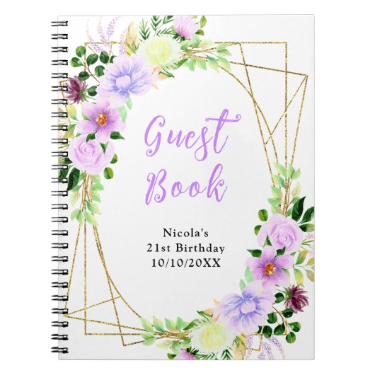Purple Flowers with Foliage Birthday Guest Book ノートブック (正面)