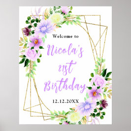 Purple Flowers with Foliage Birthday Welcome ポスター