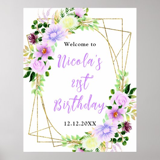 Purple Flowers with Foliage Birthday Welcome ポスター (正面)