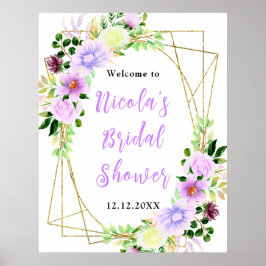 Purple Flowers with Foliage Bridal Shower Welcome ポスター