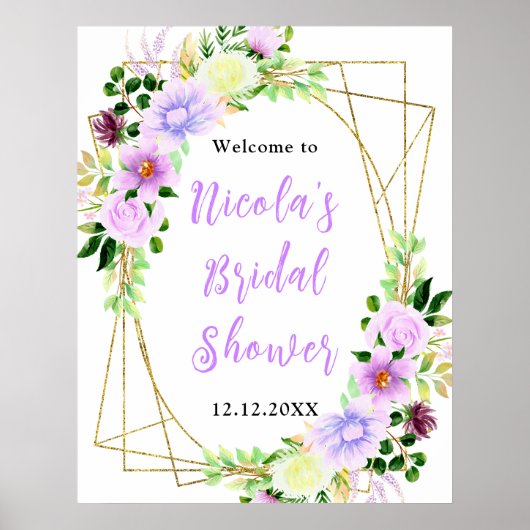 Purple Flowers with Foliage Bridal Shower Welcome ポスター (正面)