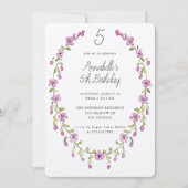 Purple Flowers Wreath Delicate Kids Birthday Party 招待状 (正面)