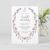 Purple Flowers Wreath Delicate Kids Birthday Party 招待状 (スタンド正面)