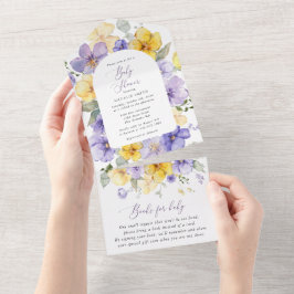 Purple Flowers, Yellow Flowers, Boho, Baby Shower オールインワン招待状
