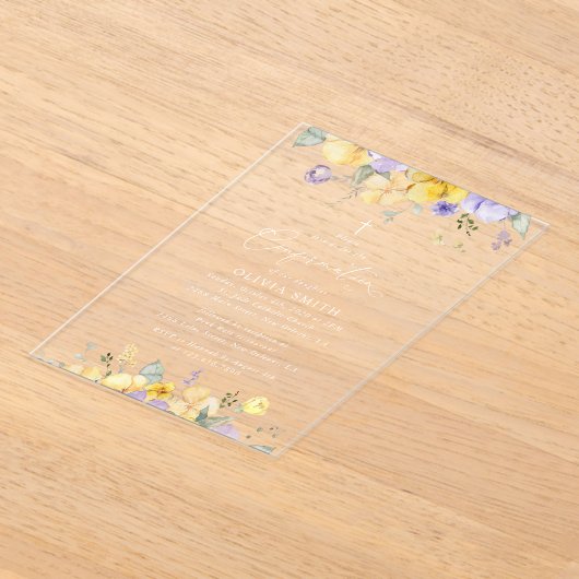 Purple Flowers, Yellow Flowers, Boho, Confirmation アクリル招待状 (レイダウン)