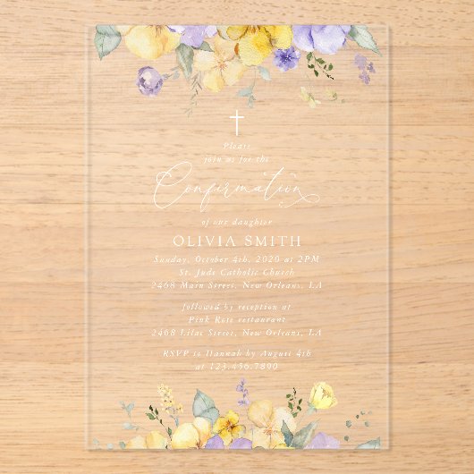 Purple Flowers, Yellow Flowers, Boho, Confirmation アクリル招待状 (正面)