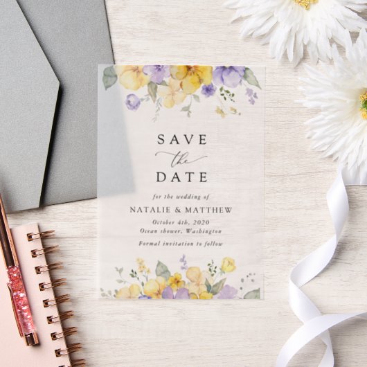 Purple Flowers, Yellow Flowers, Boho Save The Date ベラム紙招待状 (ウェディング)